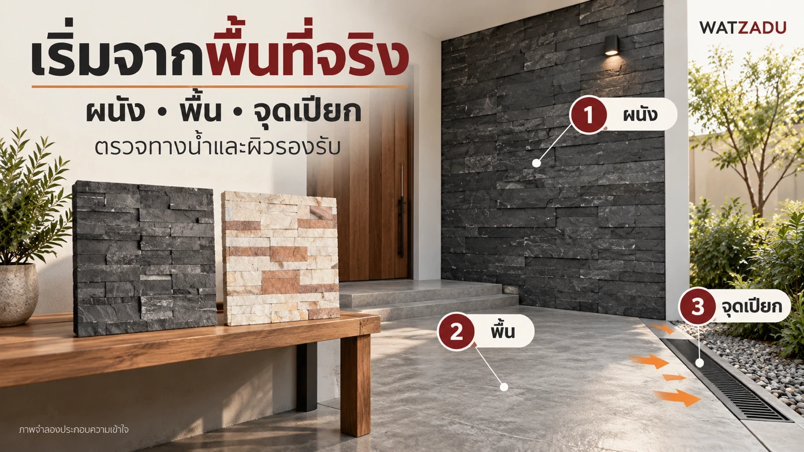 เริ่มจากพื้นที่จริง — ผนัง • พื้น • จุดเปียก — ตรวจทางน้ำและผิวรองรับ