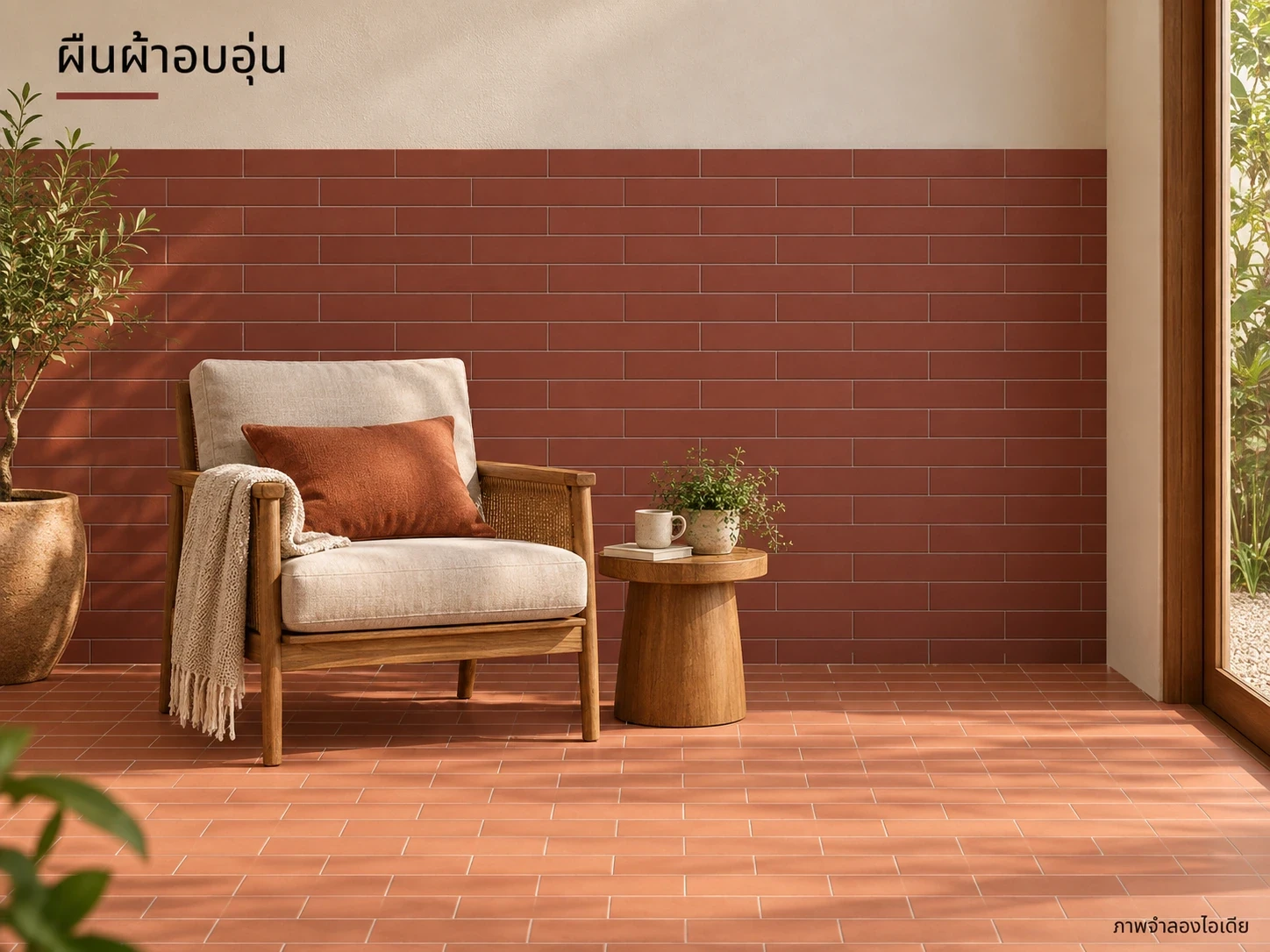ผืนผ้าอบอุ่น — ไลท์เรด 10×20 ซม. ที่พื้น คู่เบอร์กันดี้ 6×24 ซม. บนผนัง แยกสองรูปทรงด้วยคิ้วหรือรอยต่อที่ผู้ติดตั้งออกแบบ