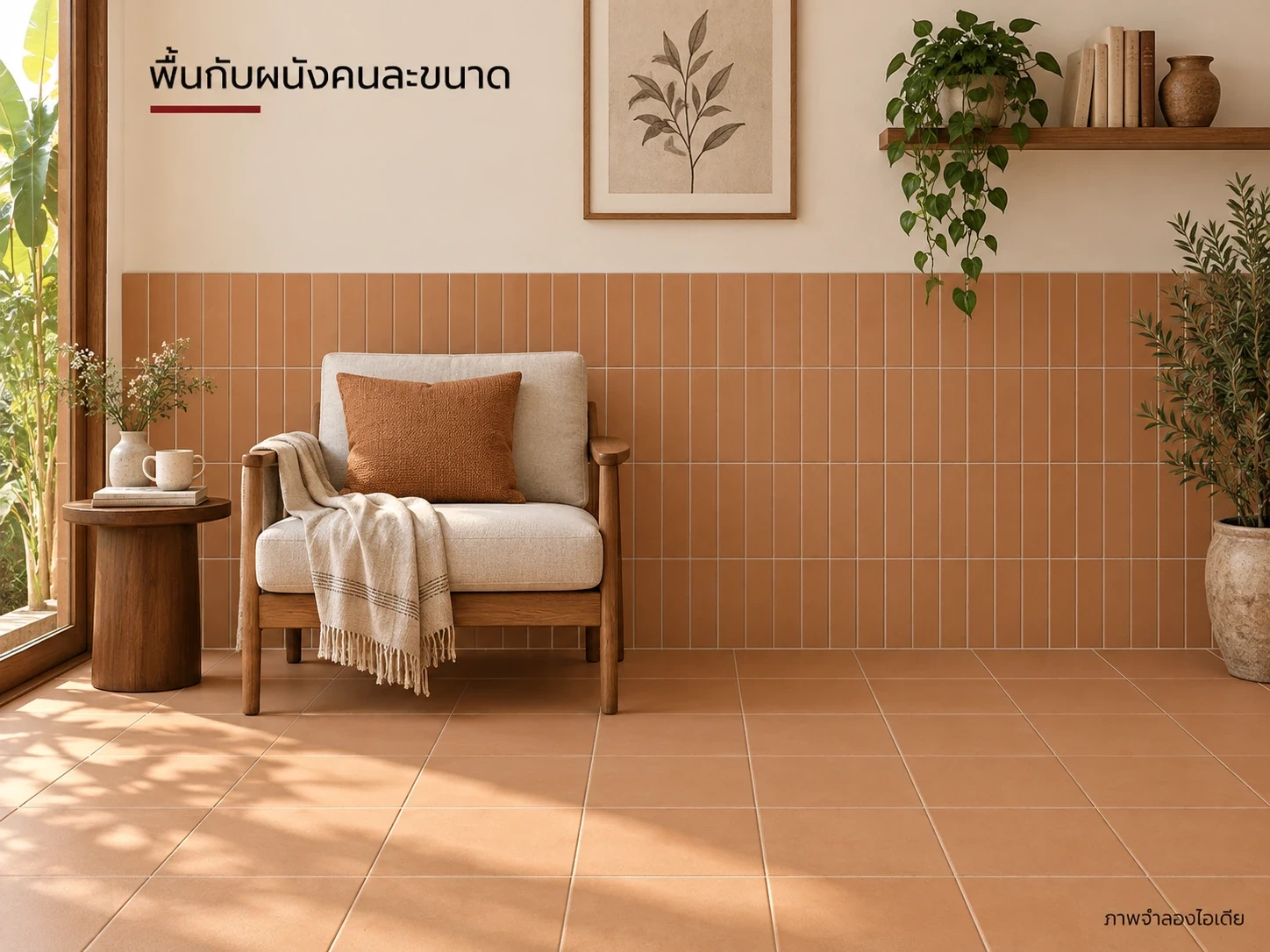 พื้นกับผนังคนละขนาด — คาปูชิโน่ 30×30 ซม. ที่พื้น คู่คาปูชิโน่ 6×24 ซม. บนผนัง ใช้สีเดียวเชื่อมพื้นที่และแยกขนาดตามหน้าที่
