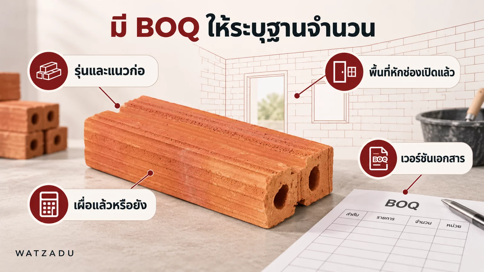 ภาพแนวคิด AI: ระบุรุ่น หน้าก่อ พื้นที่สุทธิ ค่าเผื่อ และเวอร์ชัน BOQ