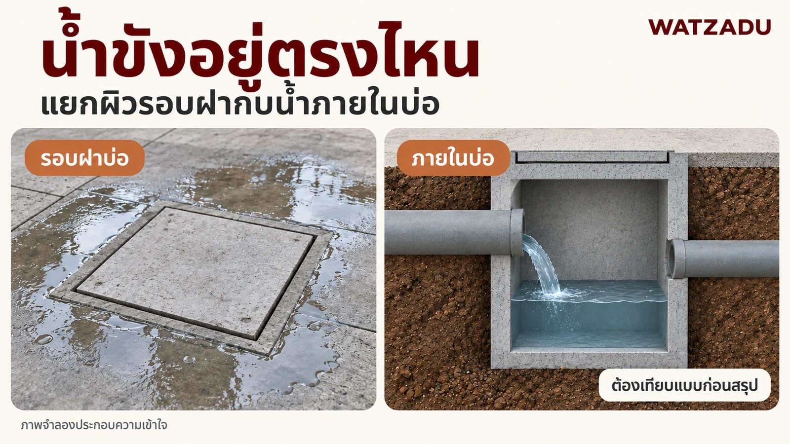 น้ำขังอยู่ตรงไหน — แยกผิวรอบฝากับน้ำภายในบ่อ