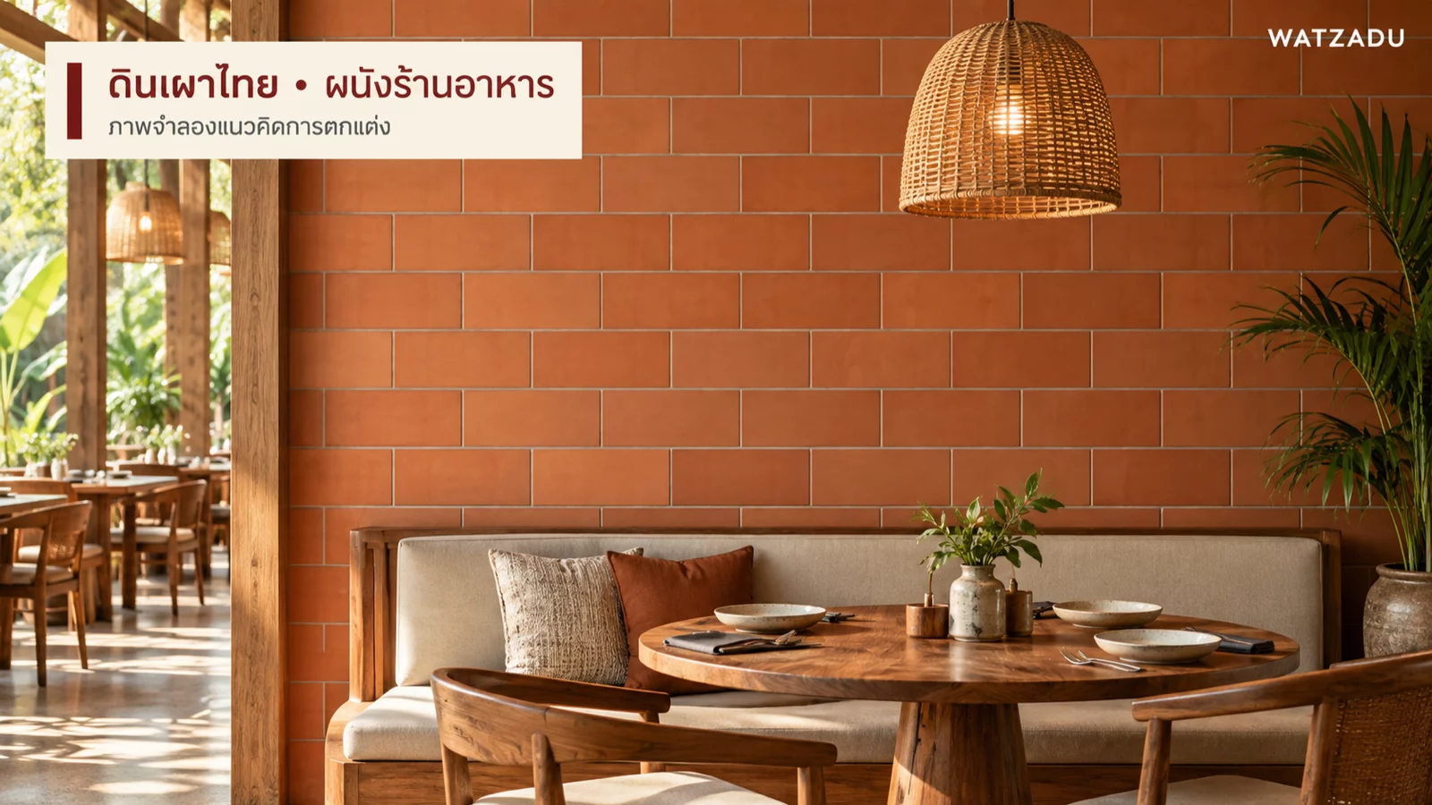 ภาพจำลองผนังร้านอาหารกระเบื้องดินเผาไทยสีส้มกับโต๊ะไม้