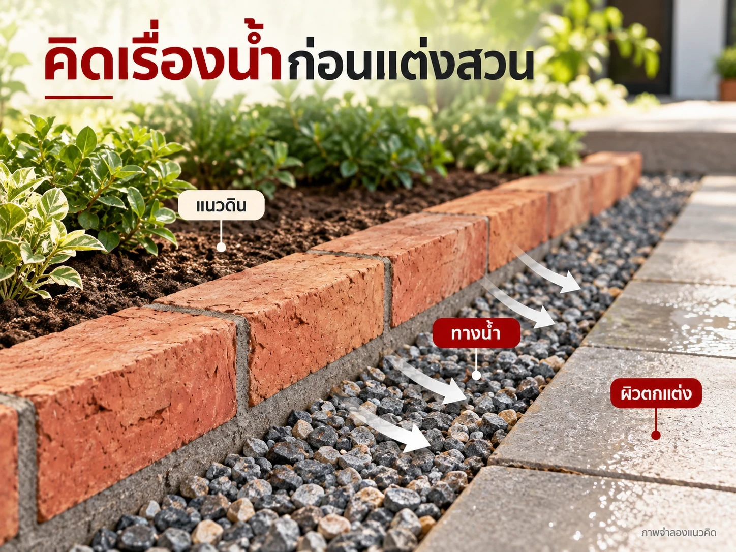 แผนภาพแนวคิดเรื่องดิน น้ำ และผิวตกแต่ง ไม่มีมิติหรือรายละเอียดก่อสร้าง ต้องออกแบบตามสภาพหน้างาน