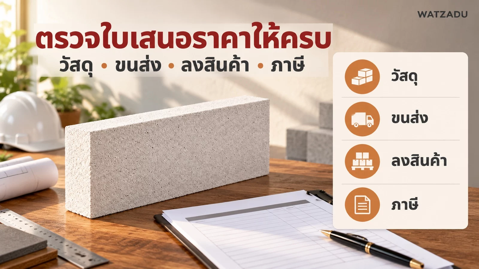 ตรวจใบเสนอราคาให้ครบ — วัสดุ • ขนส่ง • ลงสินค้า • ภาษี