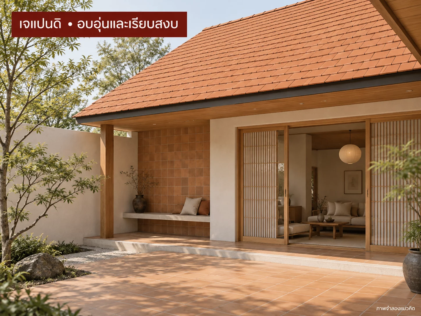 ภาพจำลองไอเดีย: บ้านเจแปนดิใช้หลังคาหม่อม พื้นโทนอุ่น และผนังดินเผาเป็นจุดเน้น