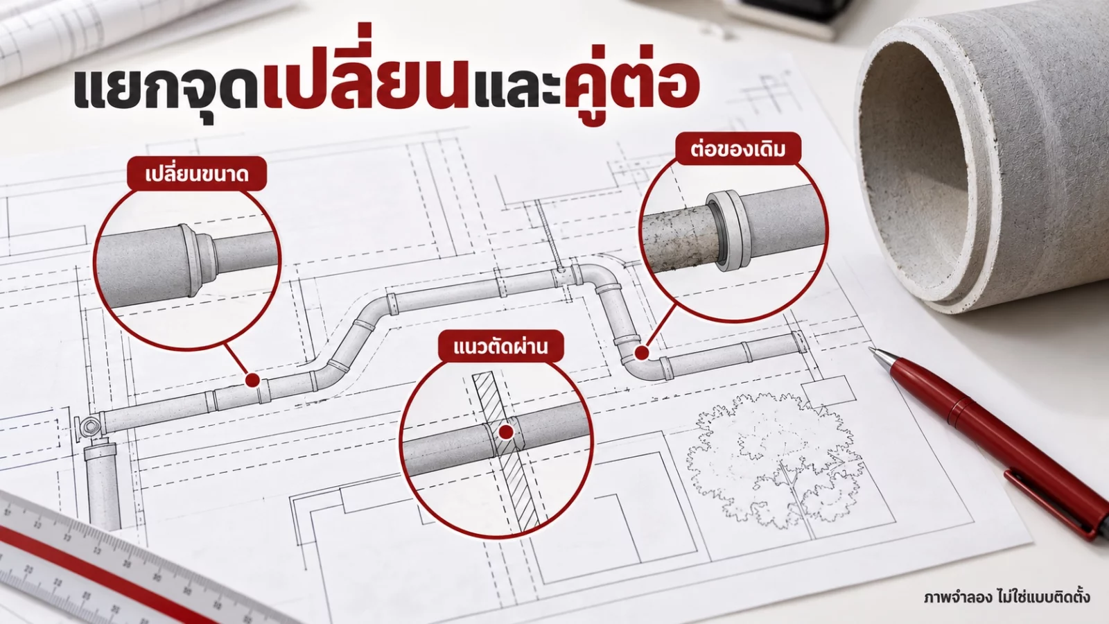 ภาพแนวคิดจุดเปลี่ยนขนาด แนวตัดผ่าน และการต่อท่อเดิม