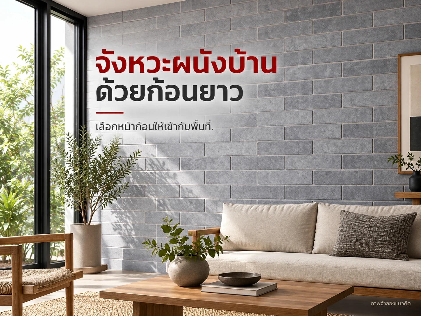 ผนังบ้านจำลองใช้อิฐสีเทาหน้า 30×10 ซม. ต้องยืนยันแนวก่อและระบบยึดกับผู้ทำงานจริง