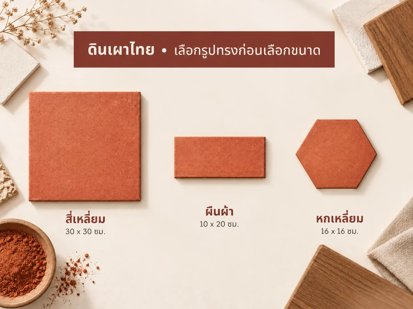 ภาพจำลองอ้างอิงรูปทรงไทย: สี่เหลี่ยม ผืนผ้า และหกเหลี่ยม จัดภาพให้เห็นรูปทรง ไม่ใช่มาตราส่วนสำหรับวัดขนาด