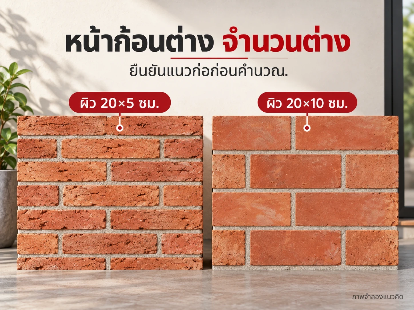 ก้อน 10×20×5 ซม. มีหน้าโชว์ได้หลายด้าน ภาพอธิบายแนวคิด ไม่ใช่คำรับรองระบบผนังหนา 5 หรือ 10 ซม.