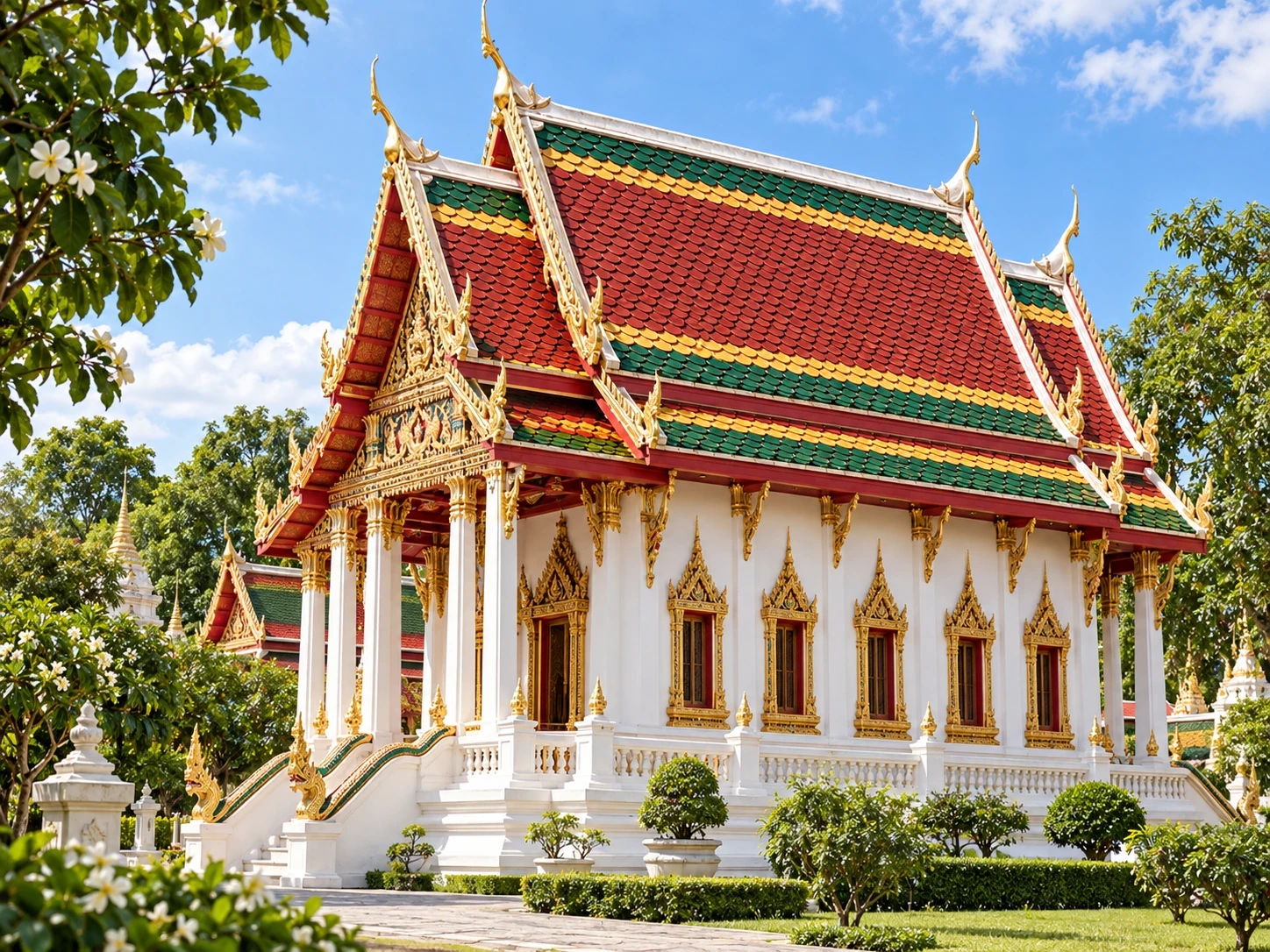 01 อุโบสถ Ordination Hall สุโขทัยเคลือบจัดแถบสีตามแบบ บนหลังคาซ้อนชั้นของอาคารหลัก