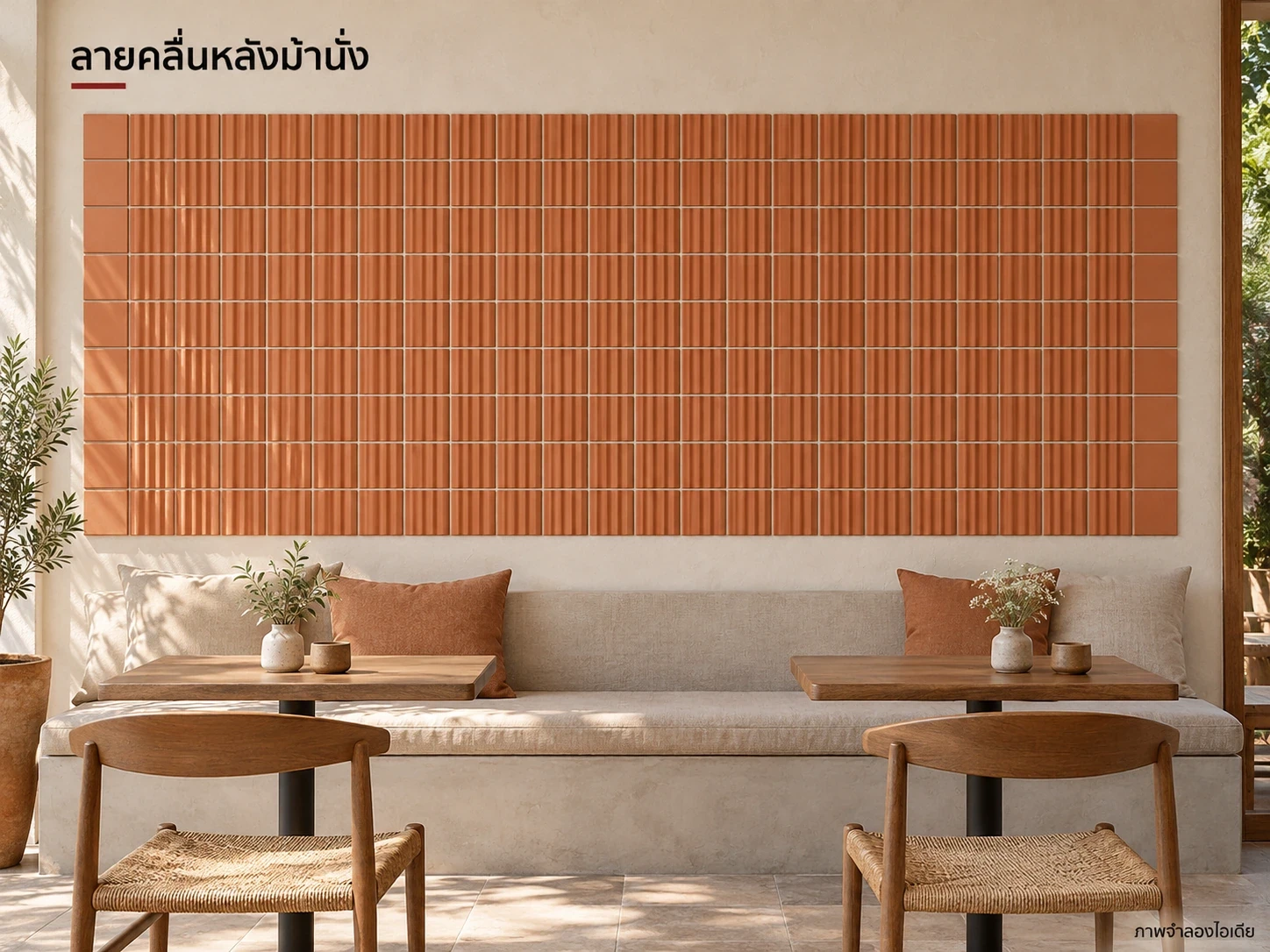 ลายคลื่นหลังม้านั่ง — ลายคลื่นกับสี่เหลี่ยม12×12 ซม. ให้คลื่นเป็นแผงเด่นและลายเรียบเป็นขอบ ใช้ไฟเฉียงนุ่มเพื่อเห็นผิวโดยไม่แสบตา