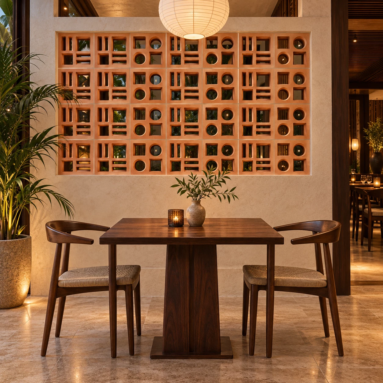 มุมนั่งร้านอาหาร Dining Nook ผนังก่อผสม อิฐแดงช่องลม ลายโรมัน และ อิฐแดงช่องลม ลายคิวบิก พร้อมพื้นที่ใช้งานและต้นไม้
