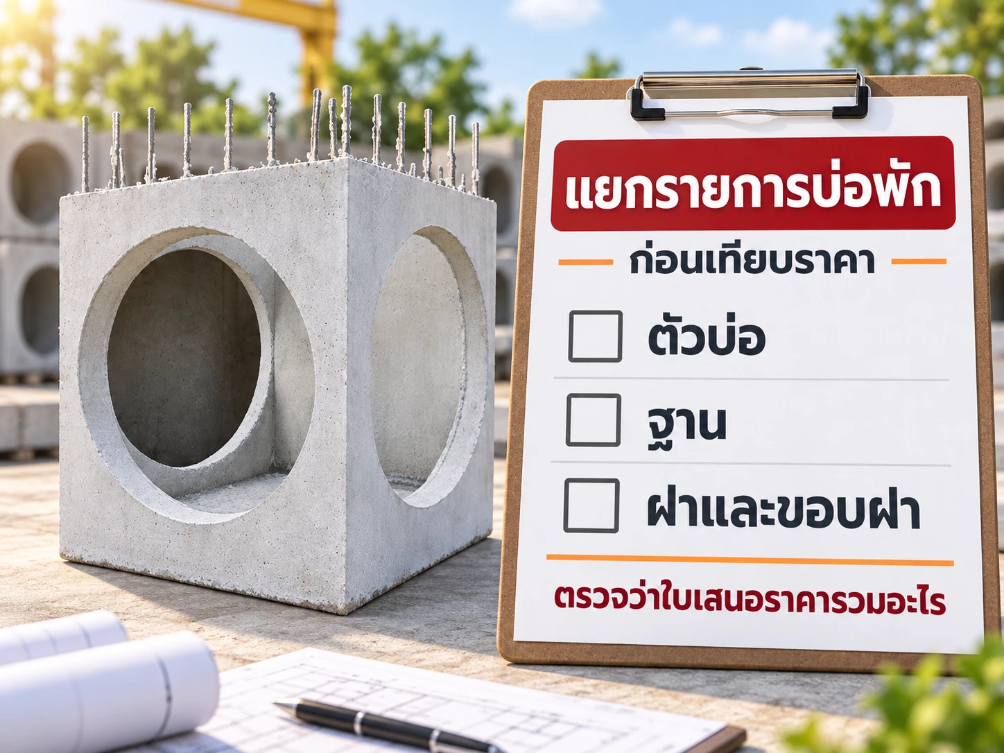 แยกรายการบ่อพักเป็นตัวบ่อ ฐาน ฝาและขอบฝา ก่อนตรวจสิ่งที่รวมในใบเสนอราคา