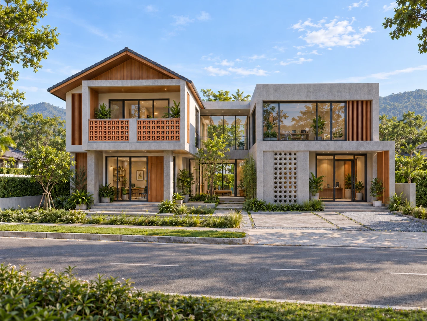 06 บ้านสองปีก โฮมออฟฟิศทั้งหลัง พร้อมสวนและทางเข้า ใช้ทิวลิปและบอล