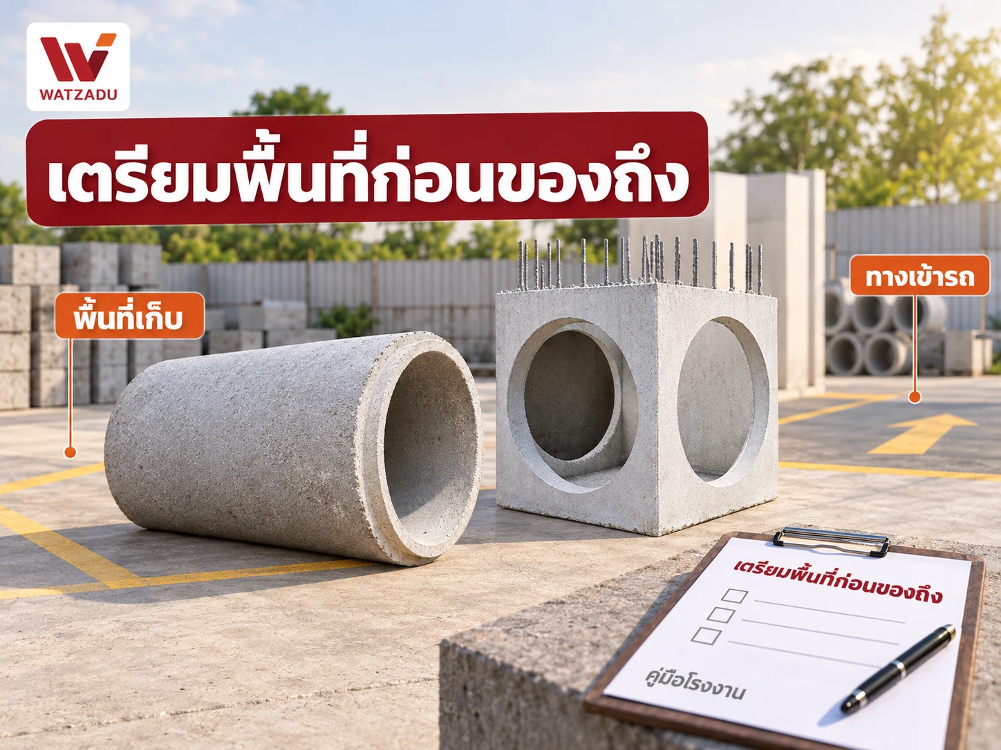 เตรียมพื้นที่ก่อนของถึง — พื้นที่เก็บ · ทางเข้ารถ · คู่มือโรงงาน