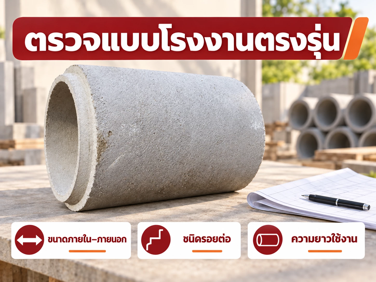 ตรวจแบบโรงงานของท่อคอนกรีต โดยขอขนาดภายในและภายนอก ชนิดรอยต่อ และความยาวใช้งาน