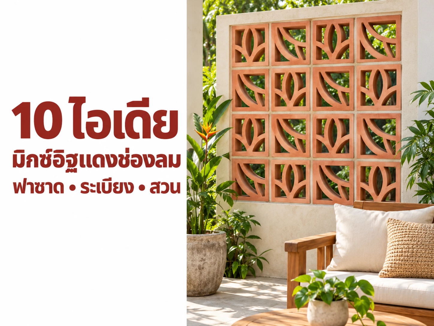 10 ไอเดียมิกซ์ลายอิฐแดงช่องลม สำหรับฟาซาด ระเบียง และสวน