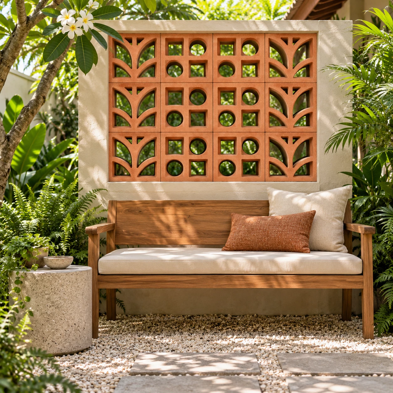 ม้านั่งในสวน Garden Bench ผนังก่อผสม อิฐแดงช่องลม ลายวายเชป และ อิฐแดงช่องลม ลายคิวบิก พร้อมพื้นที่ใช้งานและต้นไม้