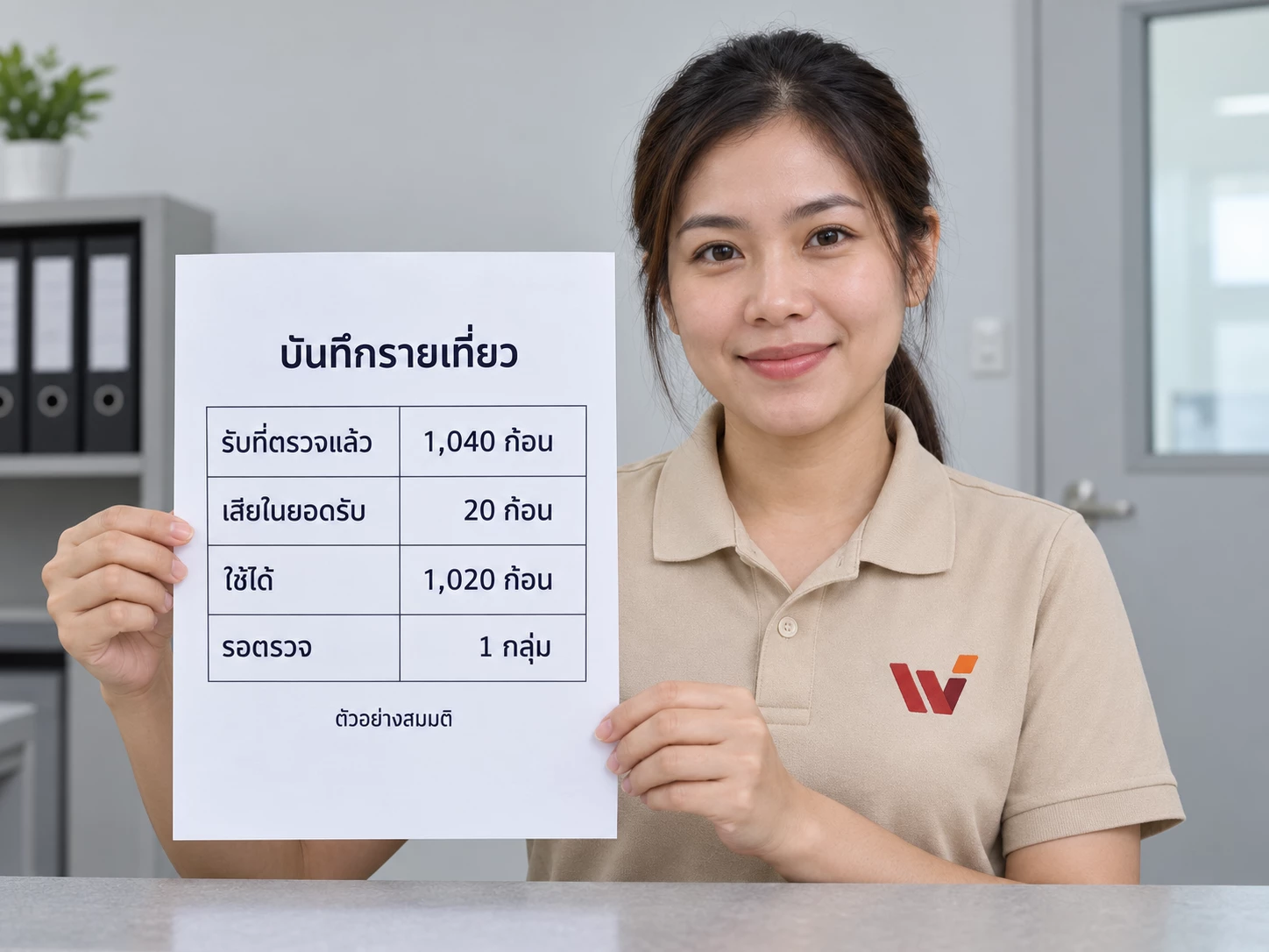พนักงานเสื้อโลโก้บริษัทแสดงบันทึกตัวอย่าง รับที่ตรวจแล้ว1040 เสียในยอดรับ20 ใช้ได้1020 และรอตรวจ1กลุ่ม